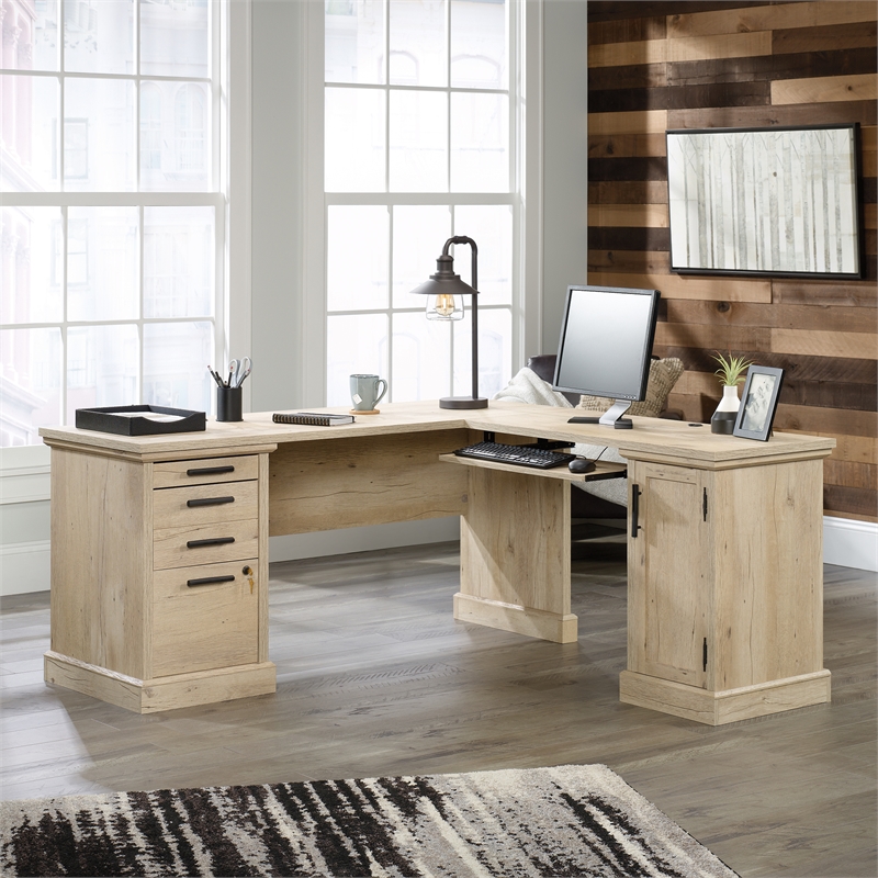 Ojai L-Shaped Solid Wood Executive Desk w Keyboard Tray & File Cabinet