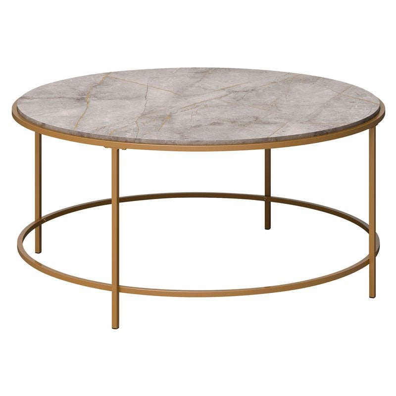 Sauder International Lux Metal Frame Round Coffee Table in Gold Satin/Deco  Stone