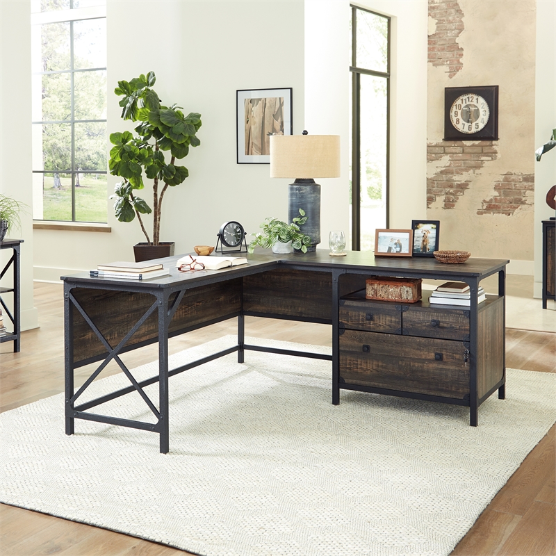 Sauder Steel River L-Shaped Desk in Engineered Wood-Carbon Oak | Cymax ...