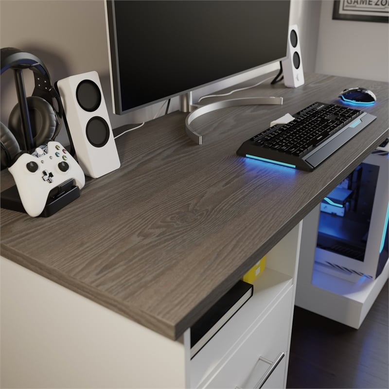 Sauder Engineered Wood Gaming Desk in White with Charcoal Ash Accent