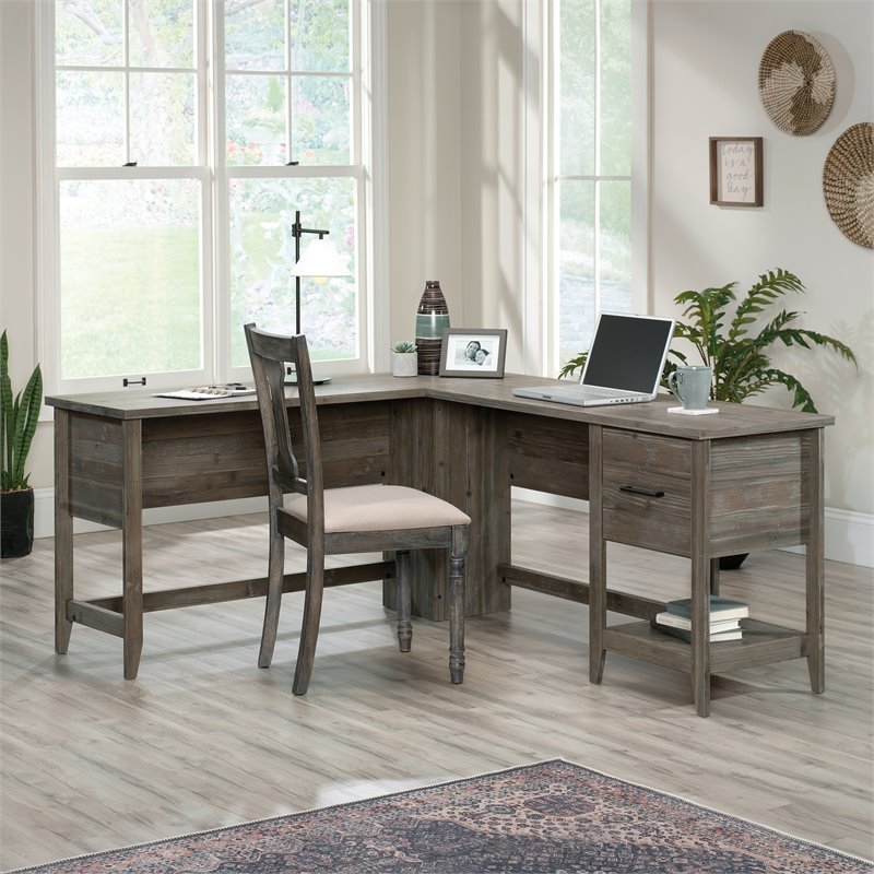 Sauder Summit Station Engineered Wood L-Shaped Home Office Desk in Pebble  Pine 