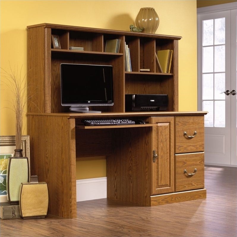 Sauder Orchard Hills Wood Computer Desk with Hutch in Carolina Oak