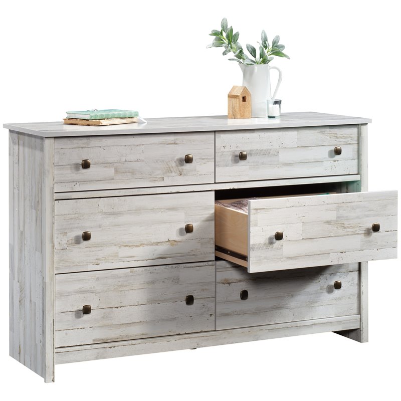 Sauder River Ranch Engineered Wood 6 Drawer Dresser in White Plank Finish