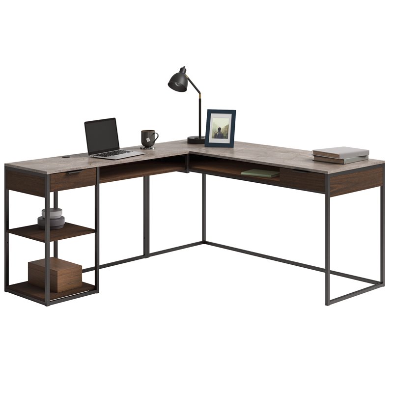 Sauder International Lux Engineered Wood L-Shape Desk in Deco Stone Gray