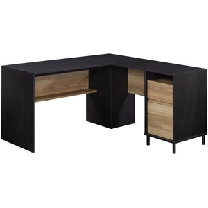 sauder acadia way l-shaped desk in raven oak with timber oak accents
