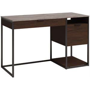 sauder international lux single pedestal desk in umber wood/deco stone accent