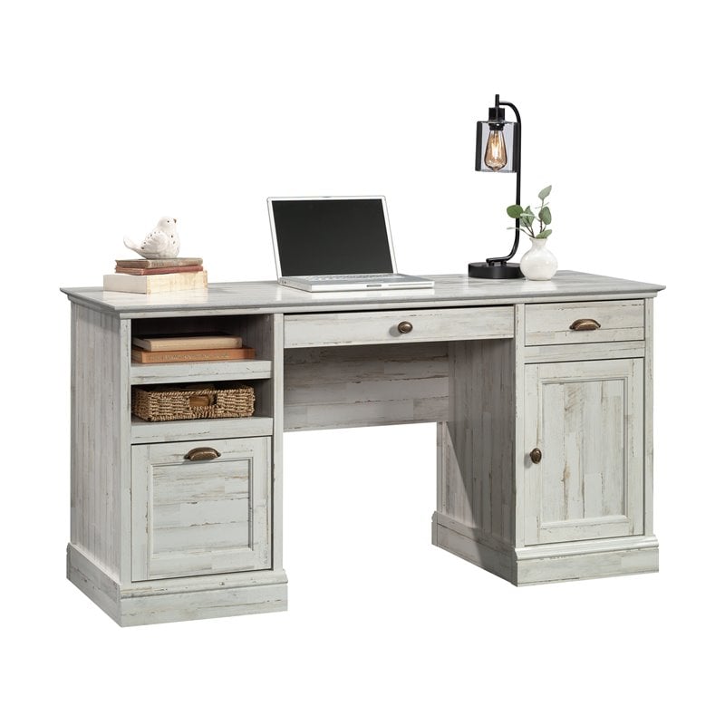 Sauder Barrister Lane Engineered Wood Executive Desk with Storage in White Plank