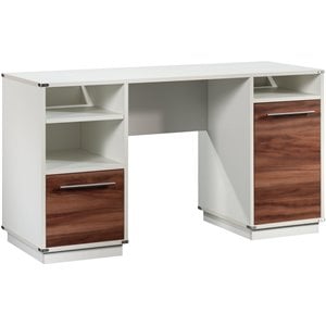 sauder vista key engineered wood executive desk in pearl oak/blaze acacia accent