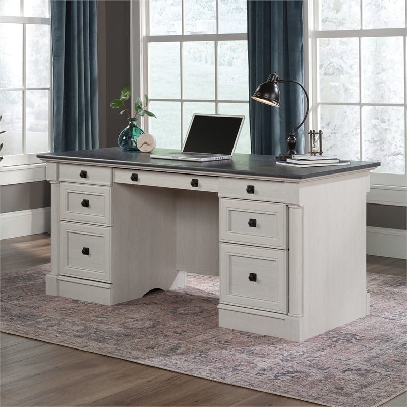 Sauder Palladia Engineered Wood Executive Desk in Glacier Oak/Rosso Slate Accent