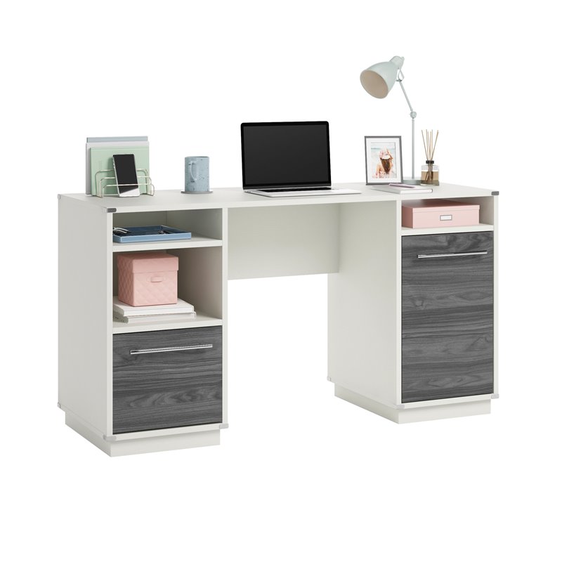 Sauder Vista Key Engineered Wood Executive Desk  in Pearl Oak/Misted Elm Accents