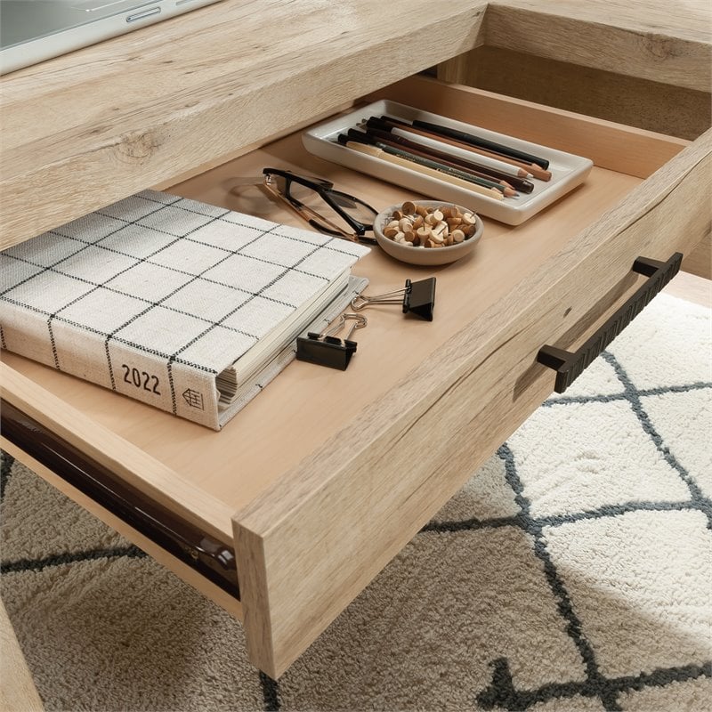 Sauder Pacific View Engineered Wood L-Shaped Home Office Desk in Prime Oak