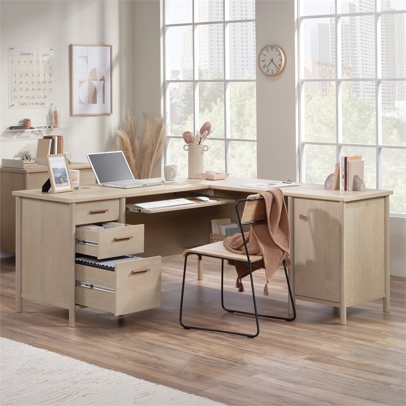 Sauder Whitaker Point Engineered Wood L-Desk in Natural Maple Finish