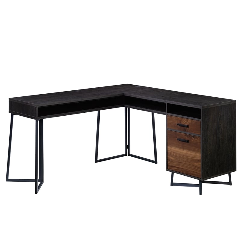 Sauder Canton Lane Engineered Wood and Metal L-Desk in Brew Oak
