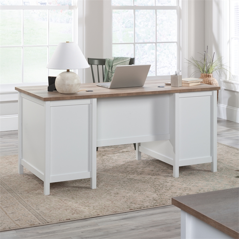 SAUDER Cottage Road 65.118 in. White 6-Drawer Executive Desk with