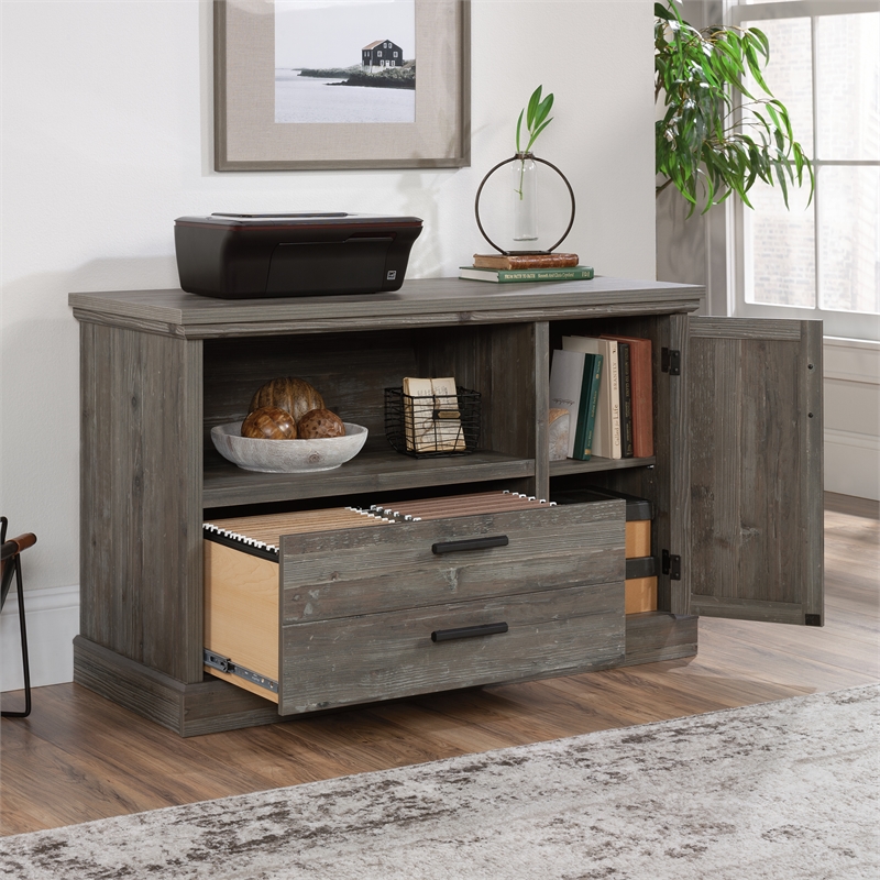 Sauder Aspen Post Engineered Wood Credenza in Pebble Pine/Brown