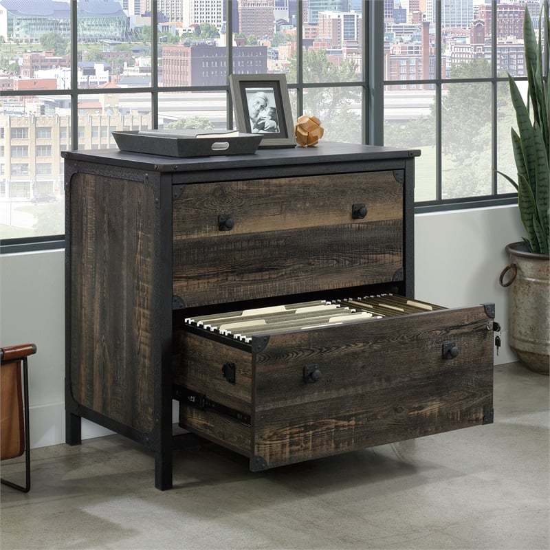 Sauder Foundry Road Engineered Wood/Metal Lateral File in Carbon Oak
