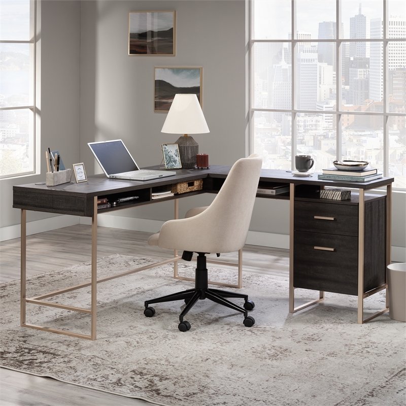 Sauder Walter Heights Engineered Wood L-Desk in Blade Walnut