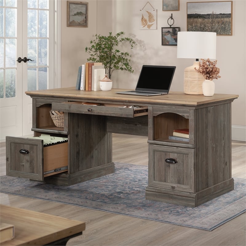 Sauder Sonnet Springs Engineered Wood Executive Desk in Pebble Pine