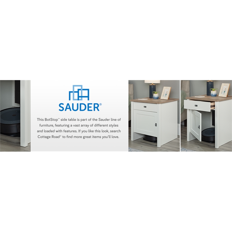Sauder Cottage Road Engineered Wood BotStop Side Table in Soft White Finish