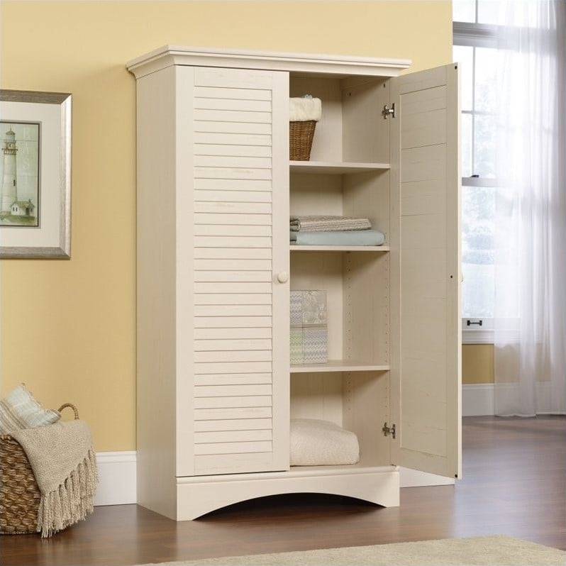 Sauder Harbor View Storage Cabinet In, Sauder Harbor View Library Bookcase With Doors Antiqued White Finish