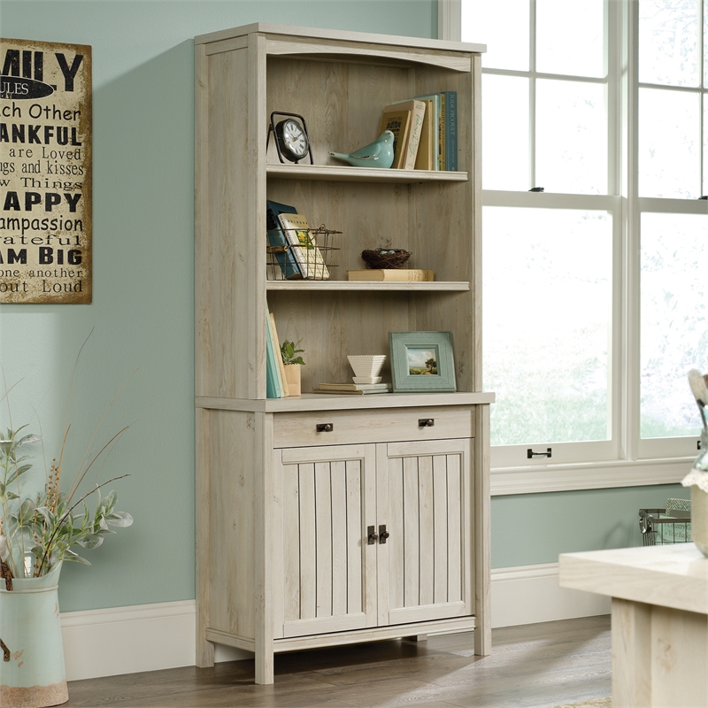 Sauder Costa Engineered Wood Library with Hutch in Chalked Chestnut Finish