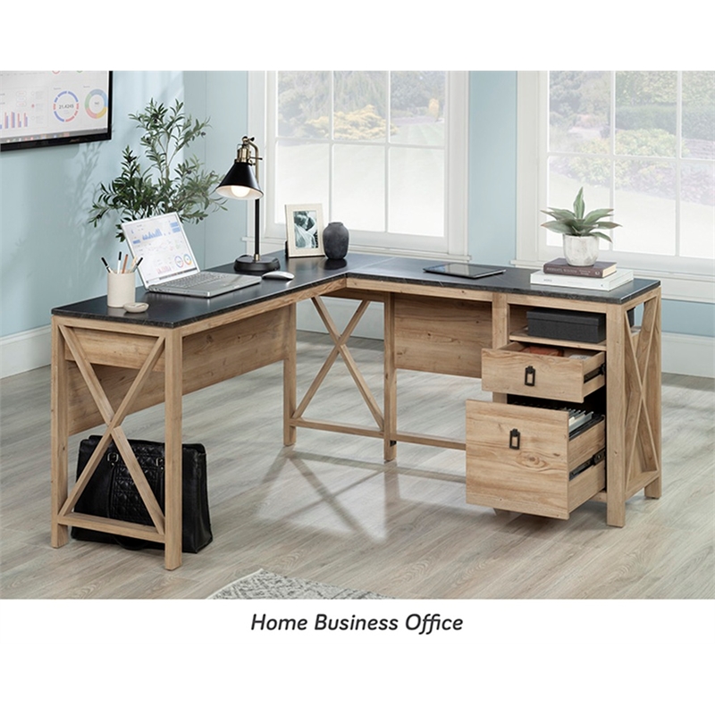 Sauder Newberry Lane Engineered Wood L-Shaped Desk in Khaki Pine