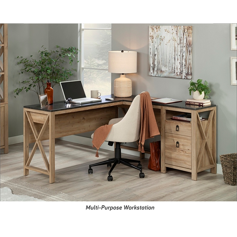 Sauder Newberry Lane Engineered Wood L-Shaped Desk in Khaki Pine