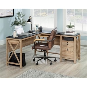 Sauder Newberry Lane Engineered Wood L-Shaped Desk in Khaki Pine
