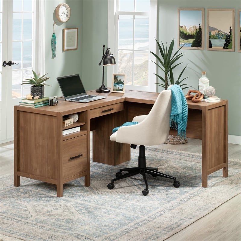 Sauder Pacific View L Desk Saddle Walnut finish