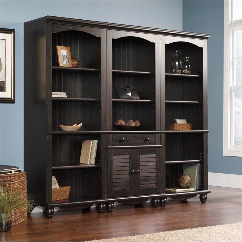 Sauder Harbor View Library Wall, Sauder Harbor View Library Bookcase With Doors Antiqued White Finish