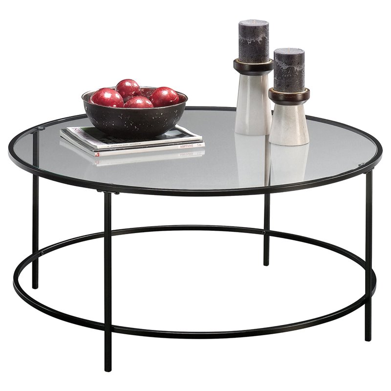 Sauder Harvey Park Round Glass Top Coffee Table in Black