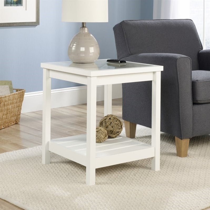 Sauder Cottage Road Engineered Wood and Glass Top End Table in Soft