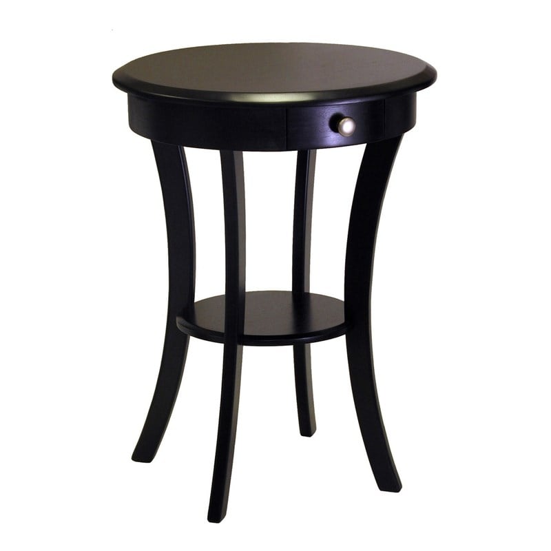 Winsome Sasha Round Solid Wood End Table with Drawer Curved Legs in Black