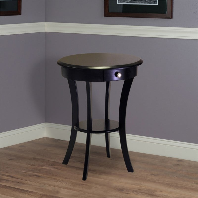 Winsome Sasha Round Solid Wood End Table with Drawer Curved Legs in Black
