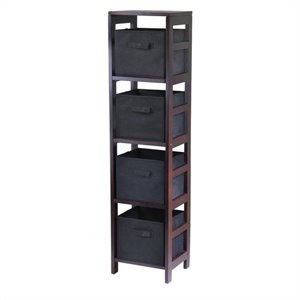 winsome leo 4-section espresso tall storage shelf with 4 foldable black baskets