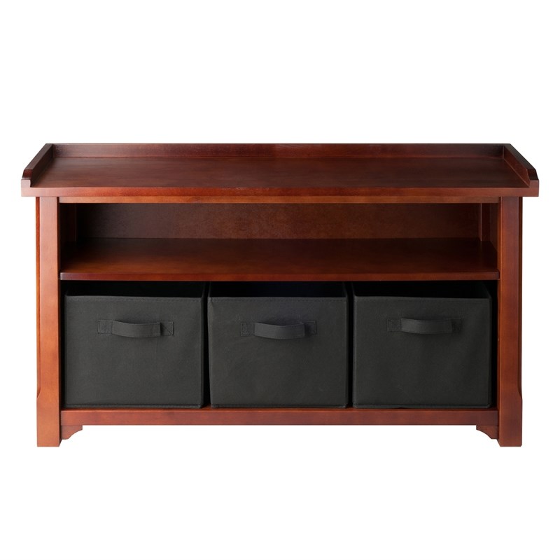 Winsome Verona Storage Solid Wood Bench with 3 Foldable Baskets in Walnut