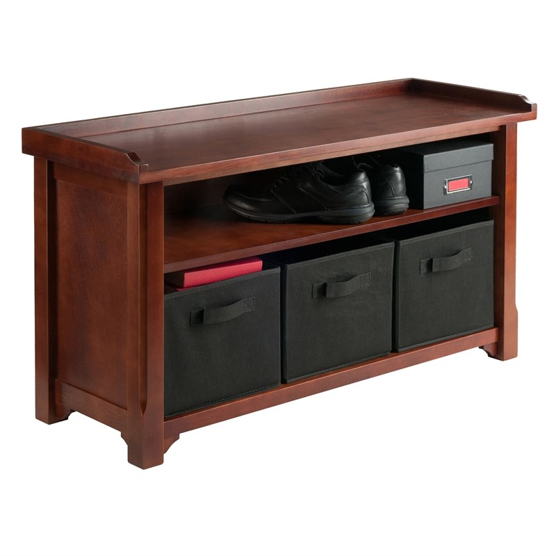 Winsome Verona Storage Solid Wood Bench with 3 Foldable Baskets in Walnut