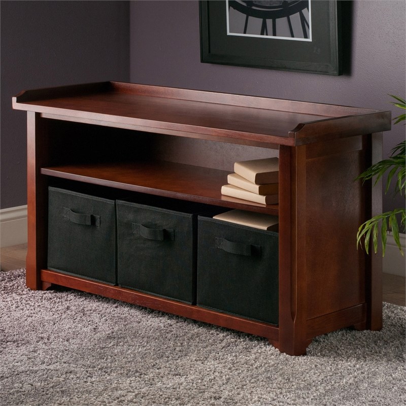 Winsome Verona Storage Solid Wood Bench with 3 Foldable Baskets in Walnut
