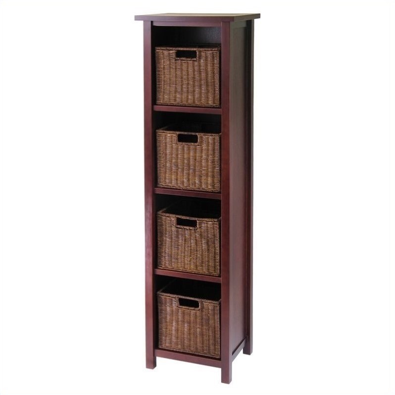 5-tier tall storage shelf with 4 wired baskets in antique walnut - 94411