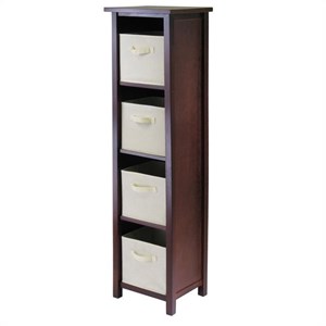 winsome milan wooden storage shelf with small foldable beige fabric baskets