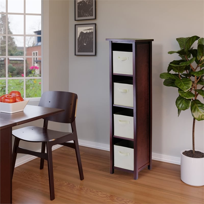 Winsome Verona 5-Tier Tall Storage Shelf Solid Wood Baskets Bookcase in Walnut