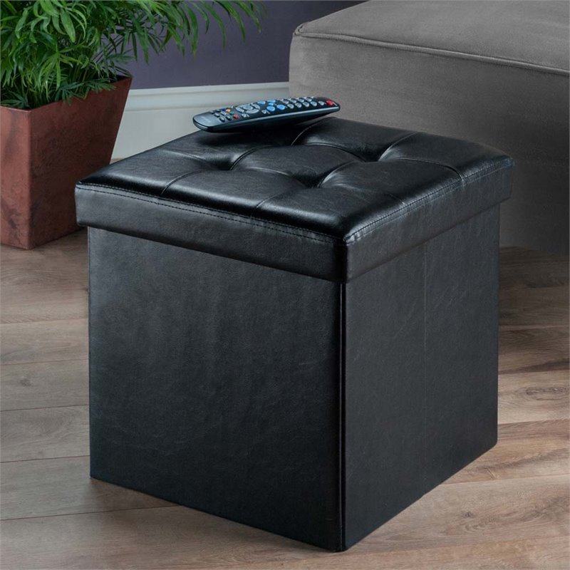 Winsome Ashford Transitional Faux Leather Storage Cube Ottoman in Black
