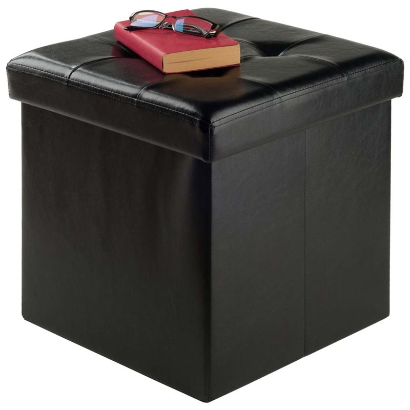 Winsome Ashford Transitional Faux Leather Storage Cube Ottoman in Black