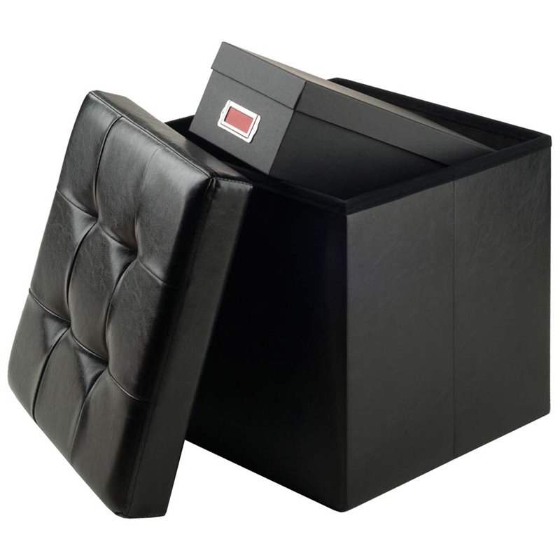 Winsome Ashford Transitional Faux Leather Storage Cube Ottoman in Black