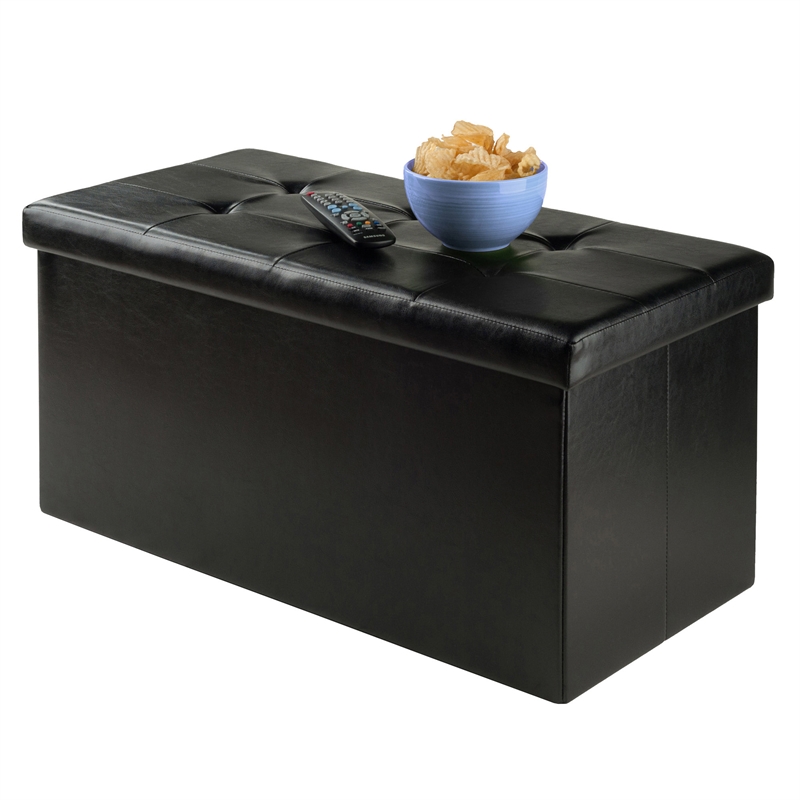 Winsome Ashford Storage Transitional Faux Leather Ottoman Bench in Black