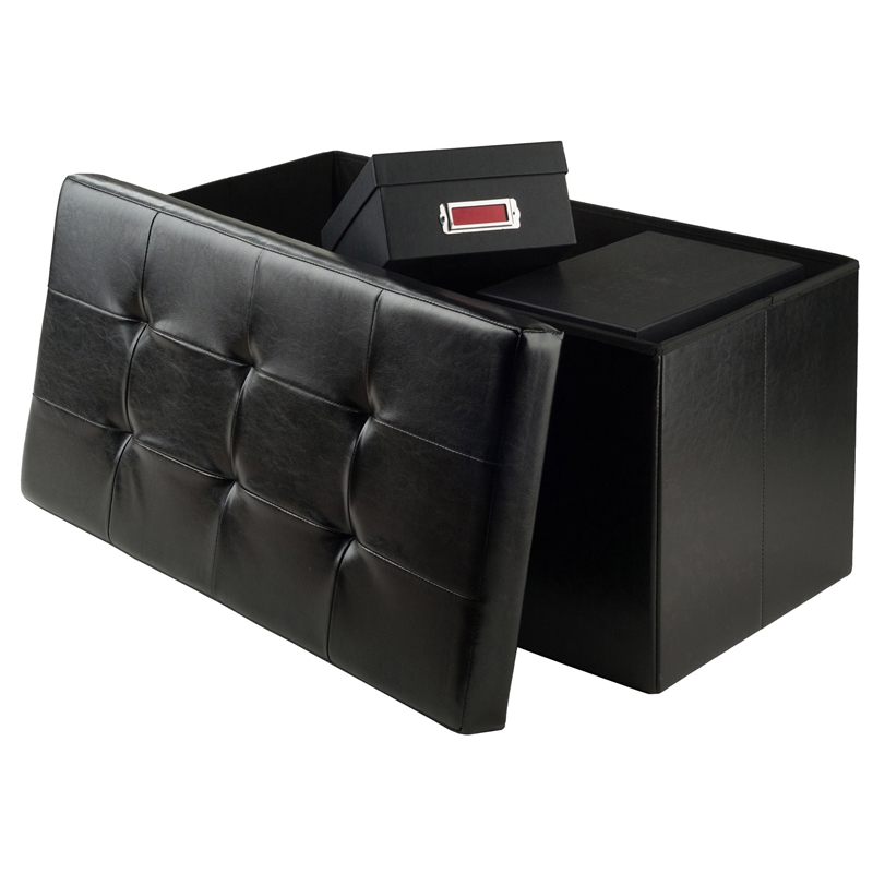 Winsome Ashford Storage Transitional Faux Leather Ottoman Bench in Black