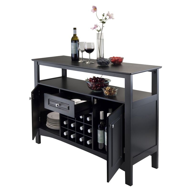 Winsome Jasper Transitional Wood Buffet Table with Wine Storage in Black