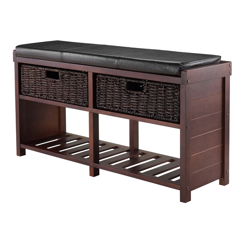 Winsome Colin Cushion Storage Solid Wood Bench with Baskets in Cappuccino