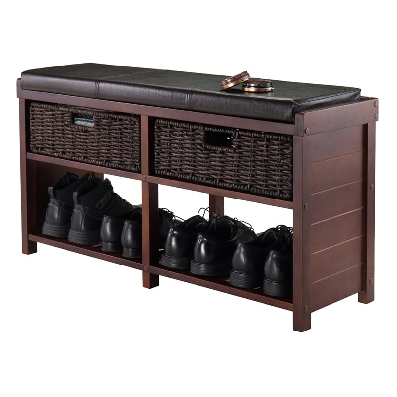 Winsome Colin Cushion Storage Solid Wood Bench with Baskets in Cappuccino