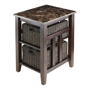 Winsome Zoey Faux Marble Top Solid Wood Side Table with 2 Baskets in Walnut